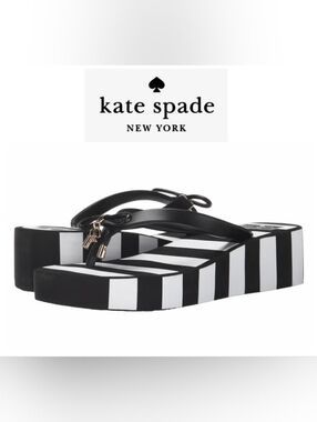 KATE SPADE "RHETT" Black White Stripe Wedge Thong Flip Flop Sandals ** Size 7